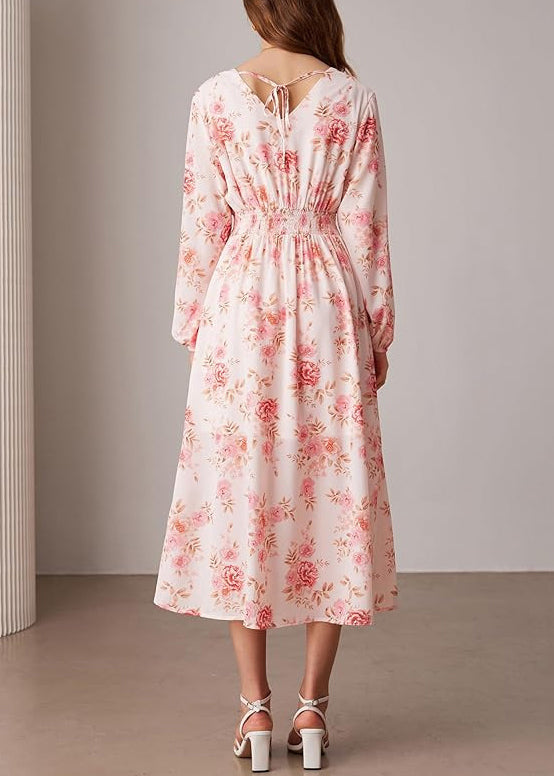 New Pink V Neck Print Front Open Dresses Long Sleeve AU1032 OM-ZS240902