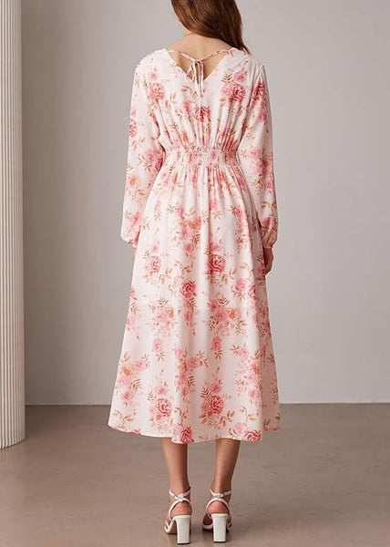 New Pink V Neck Print Front Open Dresses Long Sleeve AU1032 OM-ZS240902