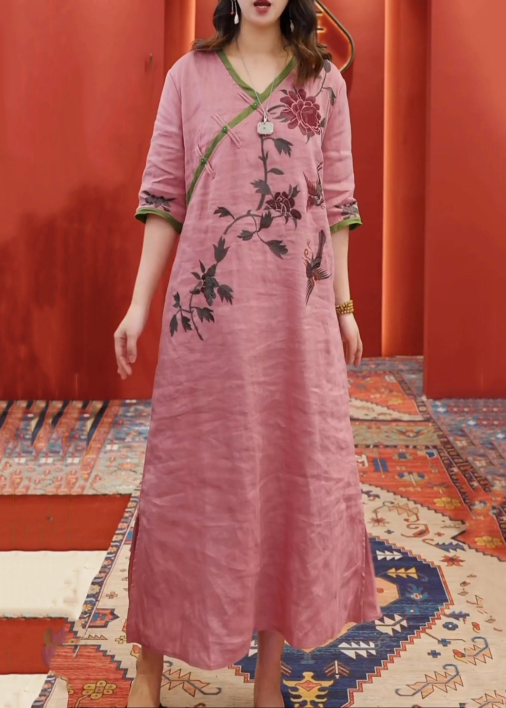 New Pink V Neck Print Side Open Cotton Dress Half Sleeve VV045 HS-SDL240627