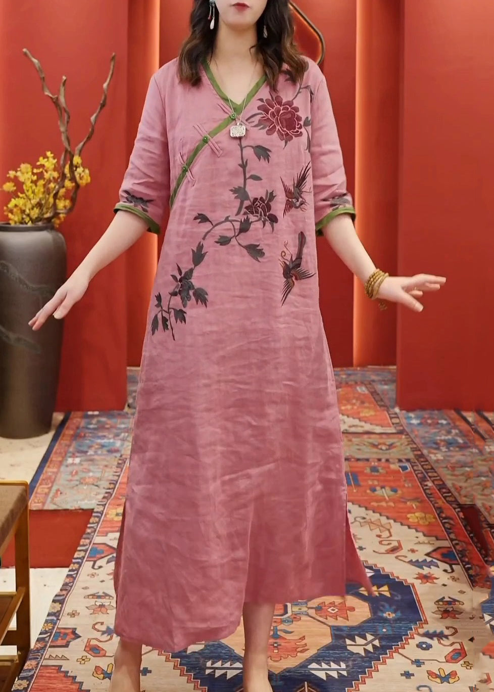 New Pink V Neck Print Side Open Cotton Dress Half Sleeve VV045 HS-SDL240627