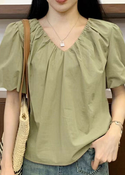 New Pink V Neck Solid Cotton Shirts Short Sleeve RE002 MZF-STP240807