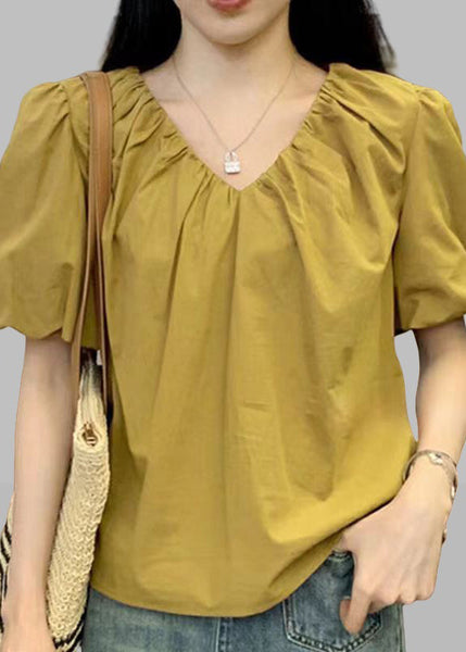 New Pink V Neck Solid Cotton Shirts Short Sleeve RE002 MZF-STP240807