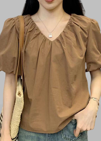 New Pink V Neck Solid Cotton Shirts Short Sleeve RE002 MZF-STP240807