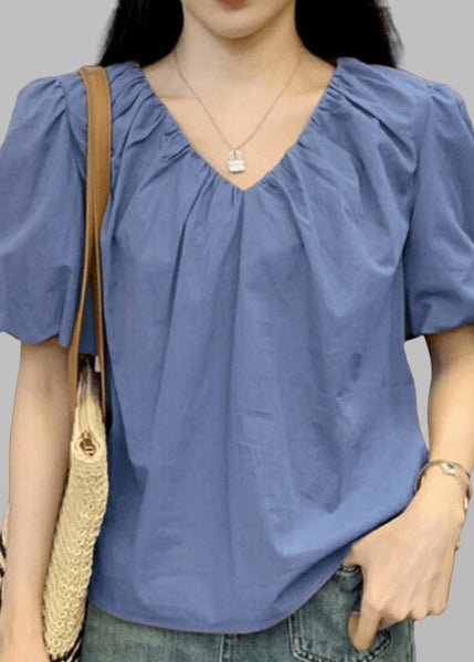 New Pink V Neck Solid Cotton Shirts Short Sleeve RE002 MZF-STP240807