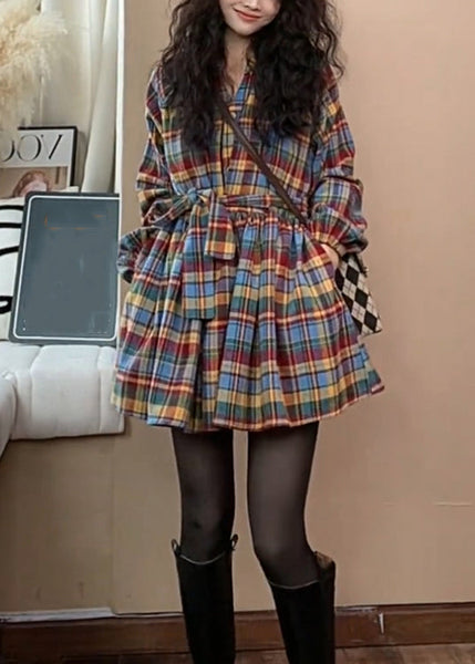 New Plaid Tie Waist Wrinkled Woolen Shirts Dress Spring TN039 ABC