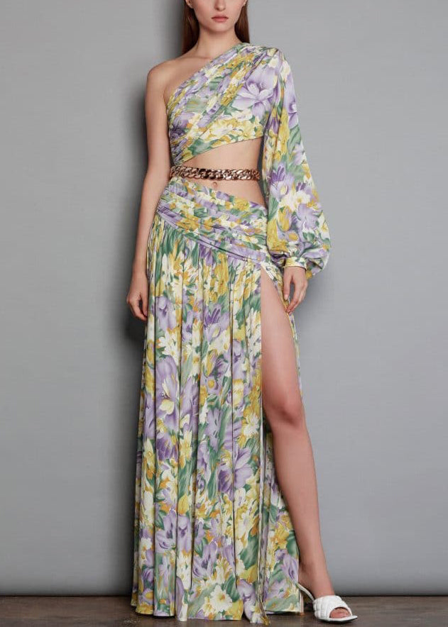 New Linked Long One Open Print Chiffon Chain Shoulder Side Dress FashionChic