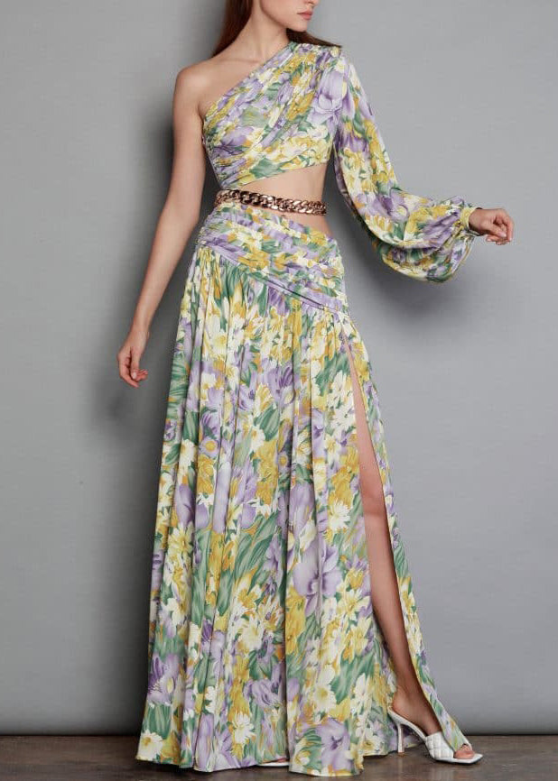 New Linked Long One Open Print Chiffon Chain Shoulder Side Dress FashionChic