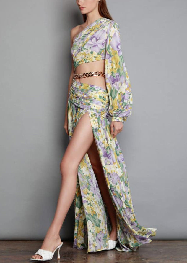 New Linked Long One Open Print Chiffon Chain Shoulder Side Dress FashionChic