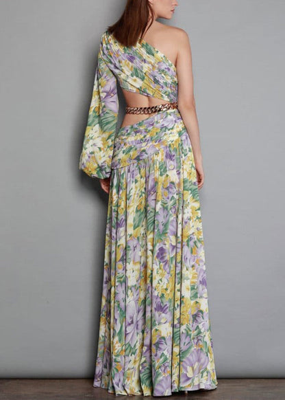 New Linked Long One Open Print Chiffon Chain Shoulder Side Dress FashionChic