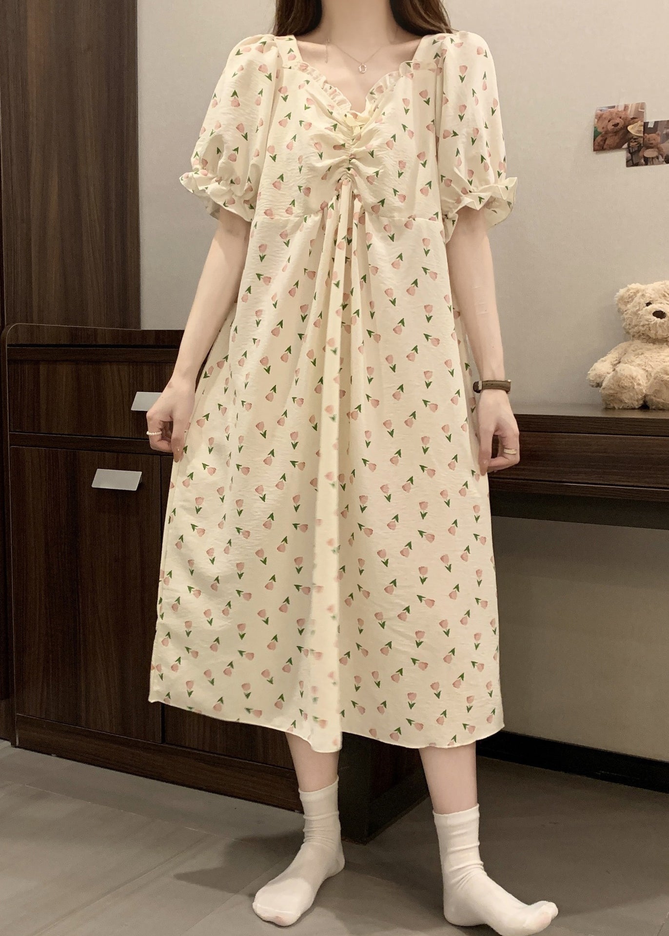 New Print Wrinkled Cotton Pajamas Long Dress Butterfly Sleeve YK025 OM-PJ250302