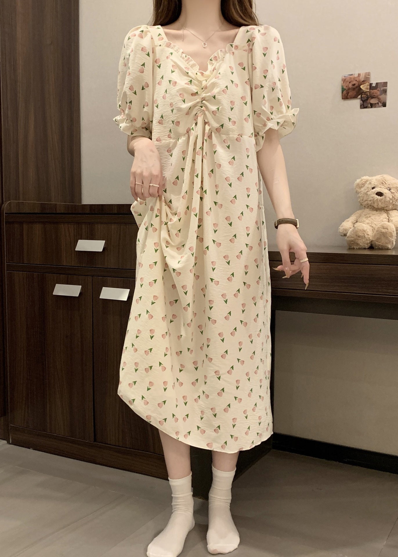 New Print Wrinkled Cotton Pajamas Long Dress Butterfly Sleeve YK025 OM-PJ250302