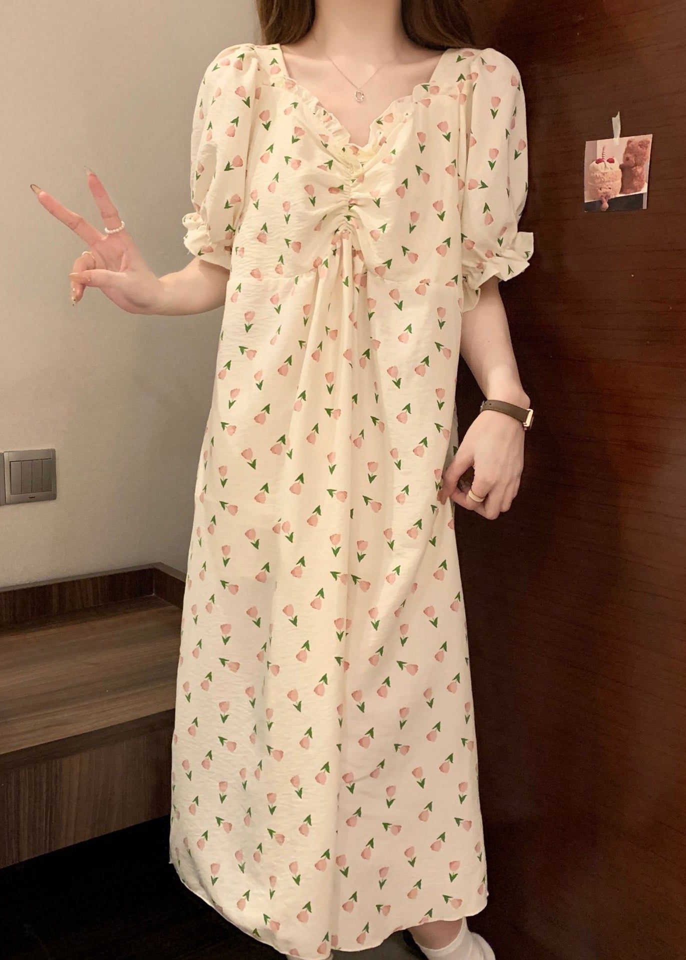 New Print Wrinkled Cotton Pajamas Long Dress Butterfly Sleeve YK025 OM-PJ250302