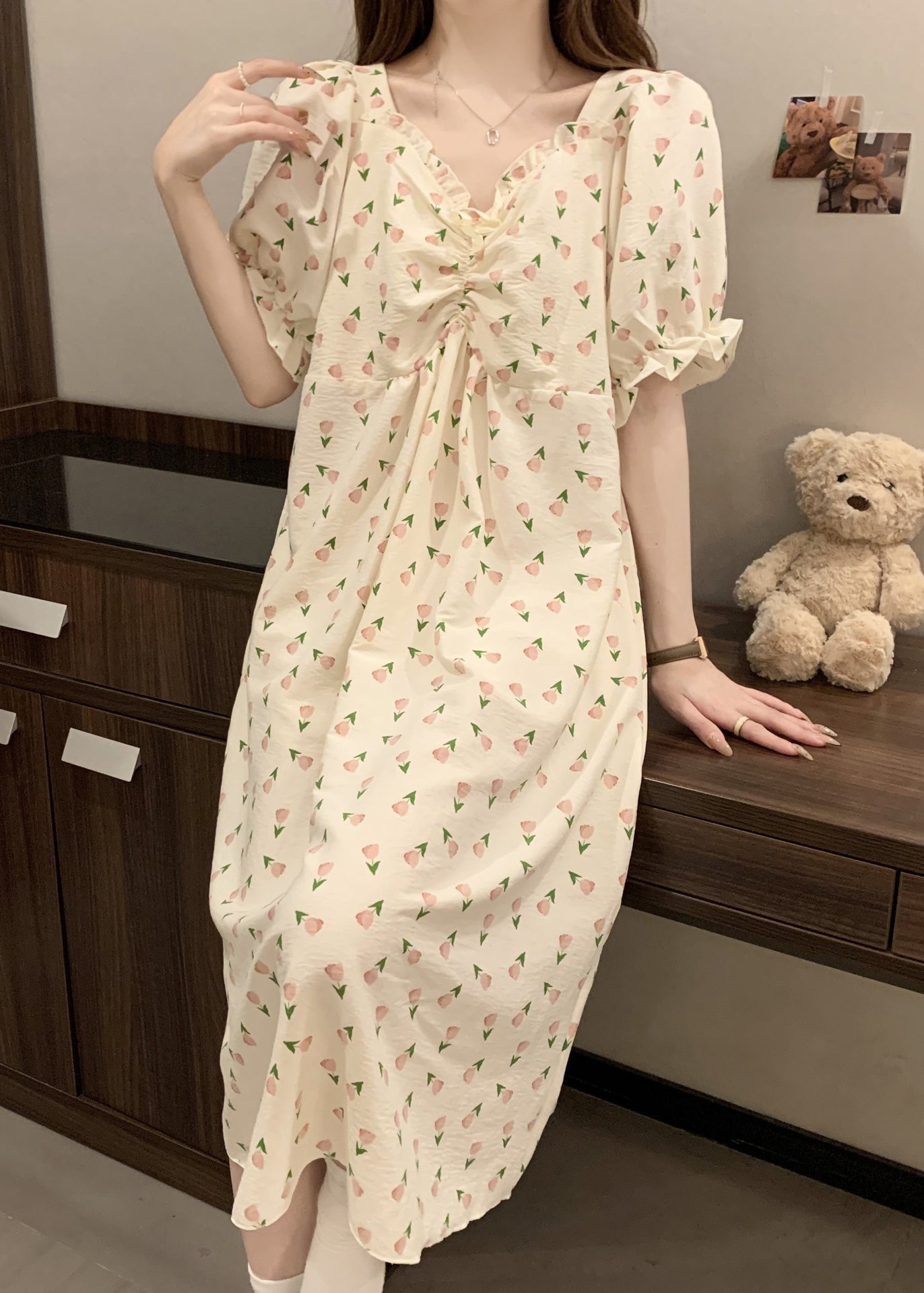 New Print Wrinkled Cotton Pajamas Long Dress Butterfly Sleeve YK025 OM-PJ250302