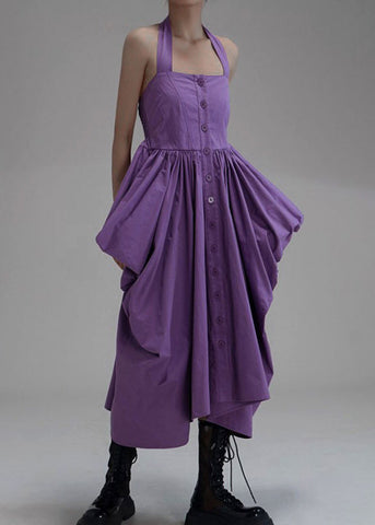 New Purple Asymmetrical Wrinkled Button Cotton Long Dress Sleeveless Ada Fashion
