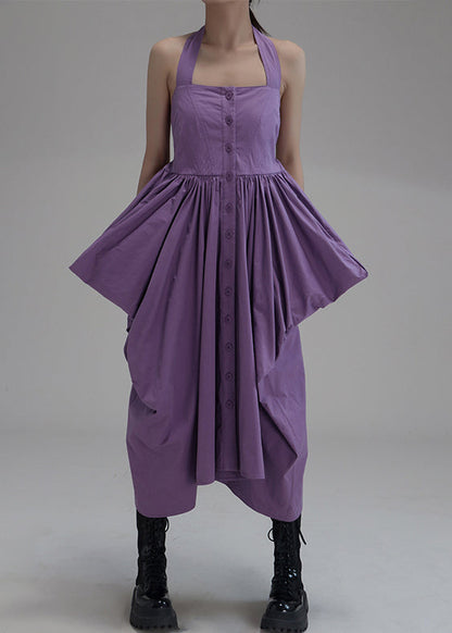 New Purple Asymmetrical Wrinkled Button Cotton Long Dress Sleeveless Ada Fashion