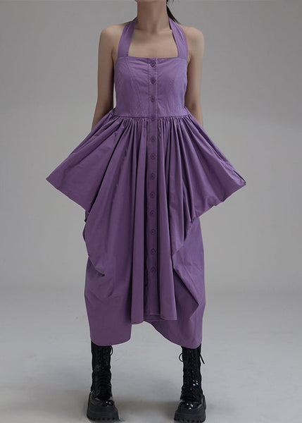 New Purple Asymmetrical Wrinkled Button Cotton Long Dress Sleeveless Ada Fashion