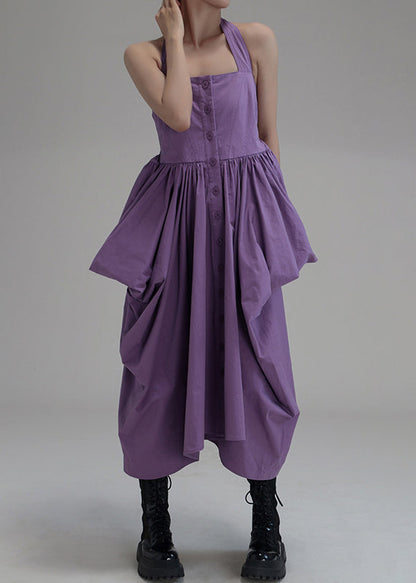 New Purple Asymmetrical Wrinkled Button Cotton Long Dress Sleeveless Ada Fashion