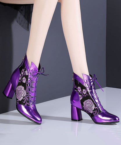 New Purple Breathable Mesh Splicing Cowhide Leather Chunky Boots RT1075 Ada Fashion