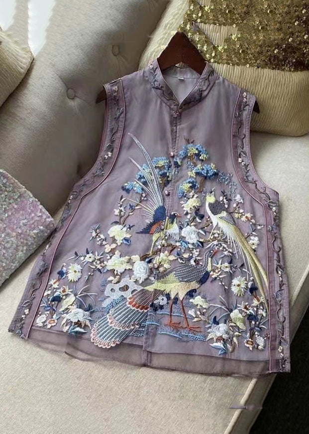 New Purple Embroidered Button Tulle Waistcoat Sleeveless QE015 MZF-CTS240927