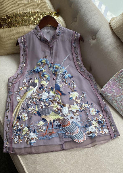 New Purple Embroidered Button Tulle Waistcoat Sleeveless QE015 MZF-CTS240927
