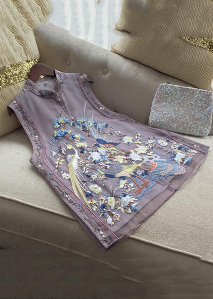 New Purple Embroidered Button Tulle Waistcoat Sleeveless QE015 MZF-CTS240927