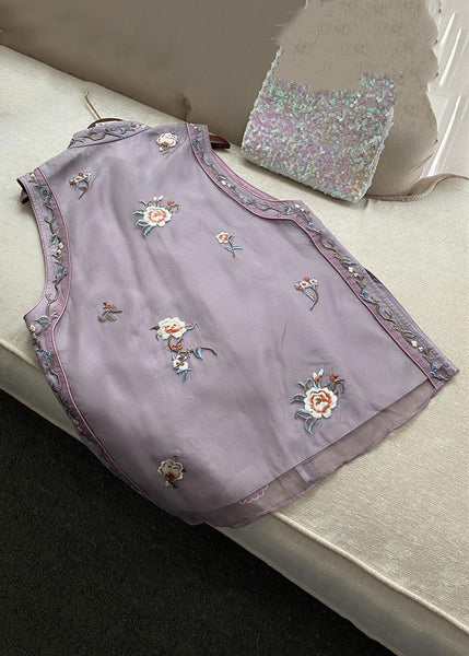 New Purple Embroidered Button Tulle Waistcoat Sleeveless QE015 MZF-CTS240927