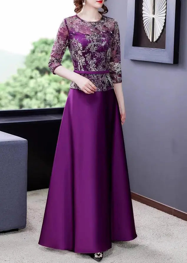 New Purple Embroidered Tulle Patchwork Maxi Dresses Half Sleeve Ada Fashion