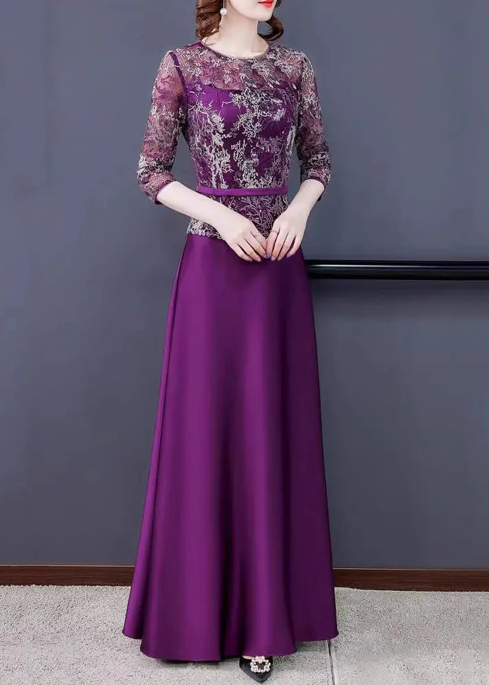 New Purple Embroidered Tulle Patchwork Maxi Dresses Half Sleeve Ada Fashion