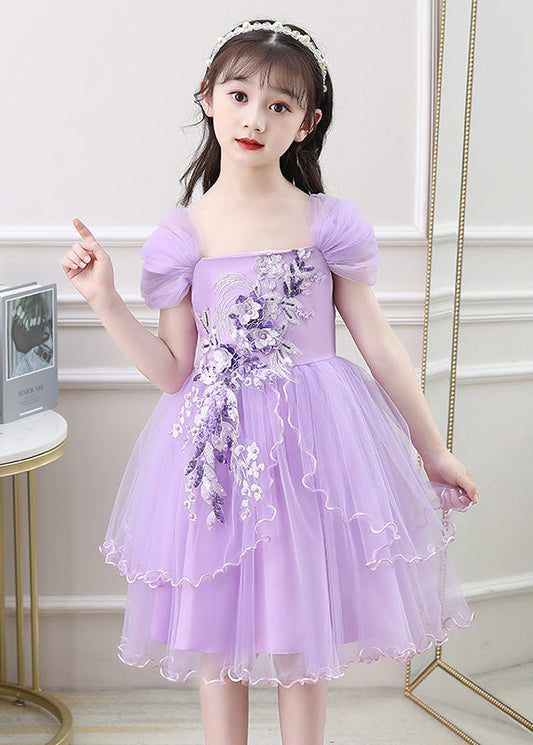 New Purple Embroideried High Waist Tulle Girls Vacation Maxi Dresses Summer EW013 WS-JRTZSDL240810