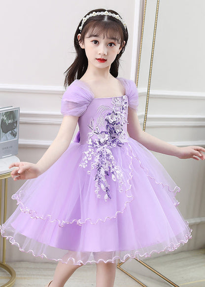 New Purple Embroideried High Waist Tulle Girls Vacation Maxi Dresses Summer EW013 WS-JRTZSDL240810