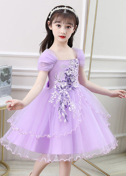 New Purple Embroideried High Waist Tulle Girls Vacation Maxi Dresses Summer EW013 WS-JRTZSDL240810