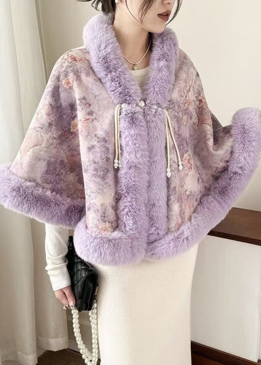 New Purple Fur Collar Print Warm Fleece Cape Coats Winter RC009 ABC