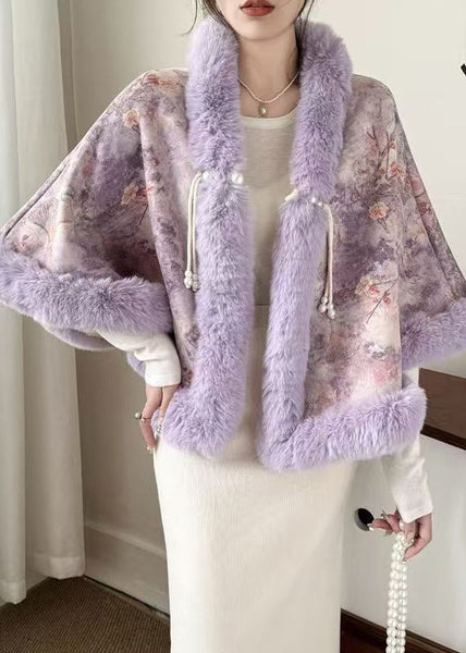 New Purple Fur Collar Print Warm Fleece Cape Coats Winter RC009 ABC