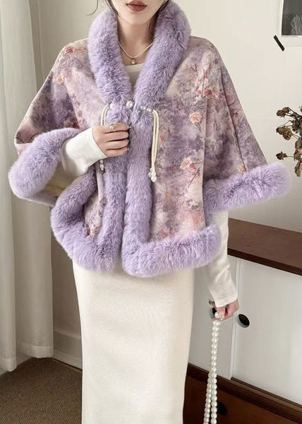New Purple Fur Collar Print Warm Fleece Cape Coats Winter RC009 ABC