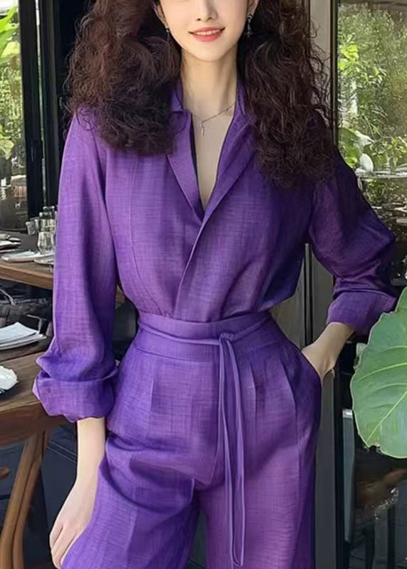 Piece Shirts Pants And Purple Two Set Cotton Pockets Up New Lace FashionChic