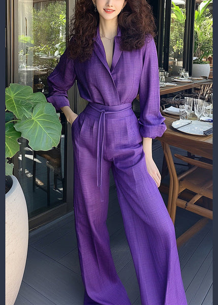 Piece Shirts Pants And Purple Two Set Cotton Pockets Up New Lace FashionChic