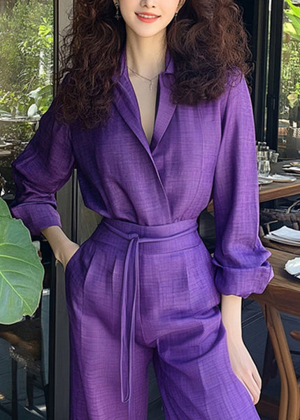 Piece Shirts Pants And Purple Two Set Cotton Pockets Up New Lace FashionChic