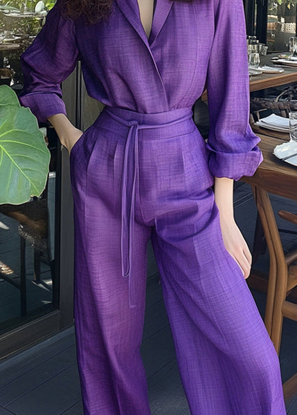 Piece Shirts Pants And Purple Two Set Cotton Pockets Up New Lace FashionChic