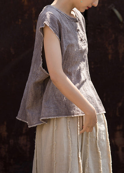 New Purple O Neck Chinese Button Cotton Top Summer LK035 GK-STP240710