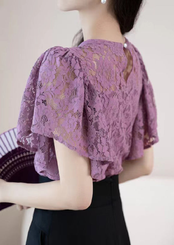 New Purple O-Neck Hollow Out Lace Shirt Summer OP1016 Ada Fashion