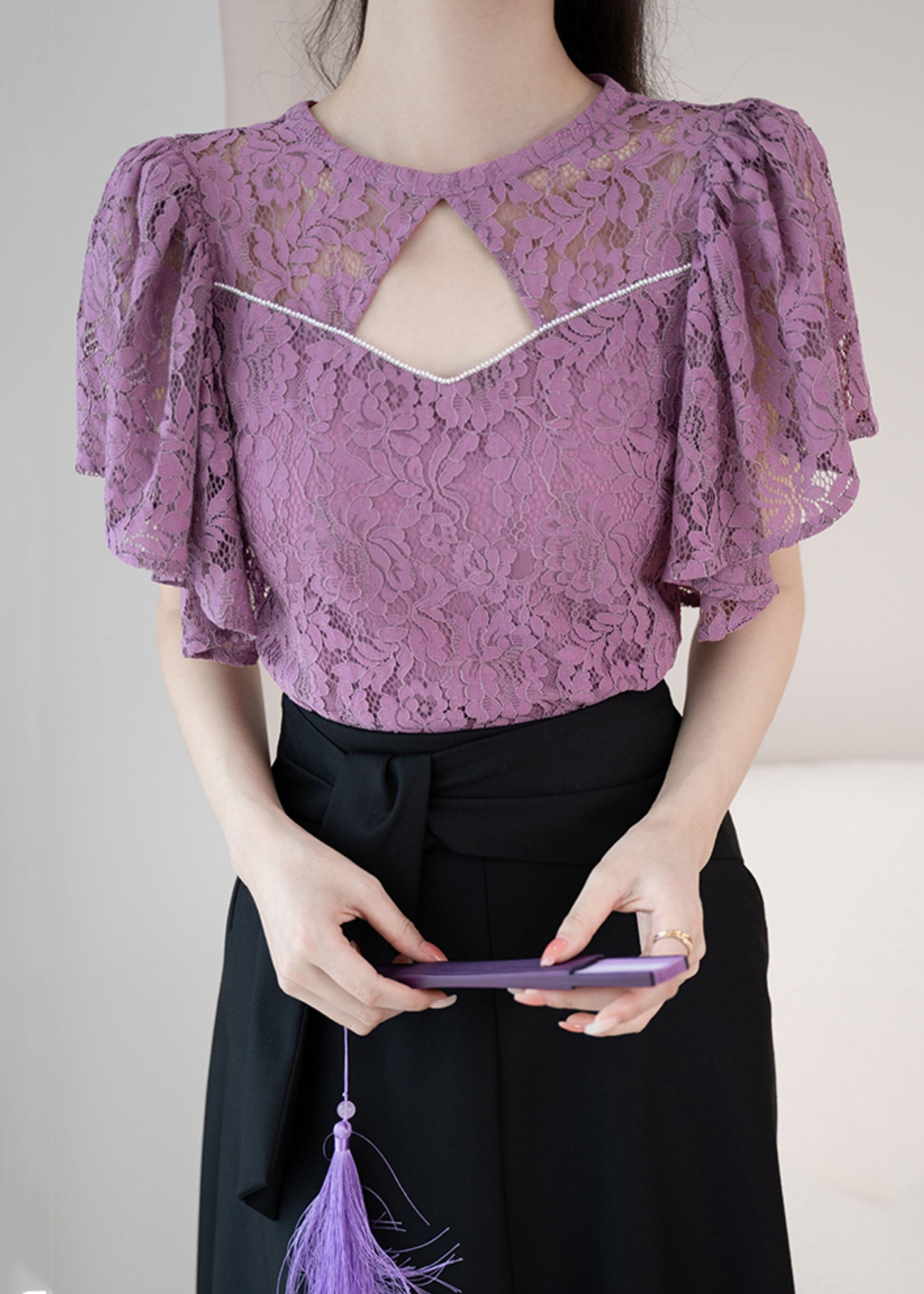 New Purple O-Neck Hollow Out Lace Shirt Summer OP1016 Ada Fashion