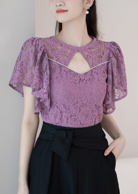 New Purple O-Neck Hollow Out Lace Shirt Summer OP1016 Ada Fashion