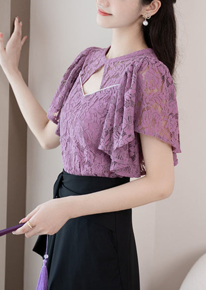 New Purple O-Neck Hollow Out Lace Shirt Summer OP1016 Ada Fashion