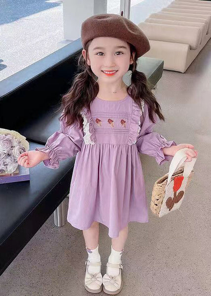New Purple O-Neck Ruffled Cotton Girls Dress Flare Sleeve XZ052 FALL-MM-RCTZ-FDGL240618