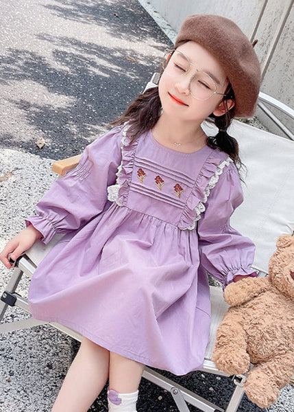 New Purple O-Neck Ruffled Cotton Girls Dress Flare Sleeve XZ052 FALL-MM-RCTZ-FDGL240618