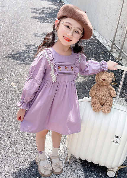 New Purple O-Neck Ruffled Cotton Girls Dress Flare Sleeve XZ052 FALL-MM-RCTZ-FDGL240618