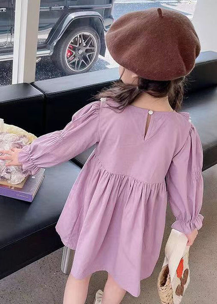 New Purple O-Neck Ruffled Cotton Girls Dress Flare Sleeve XZ052 FALL-MM-RCTZ-FDGL240618
