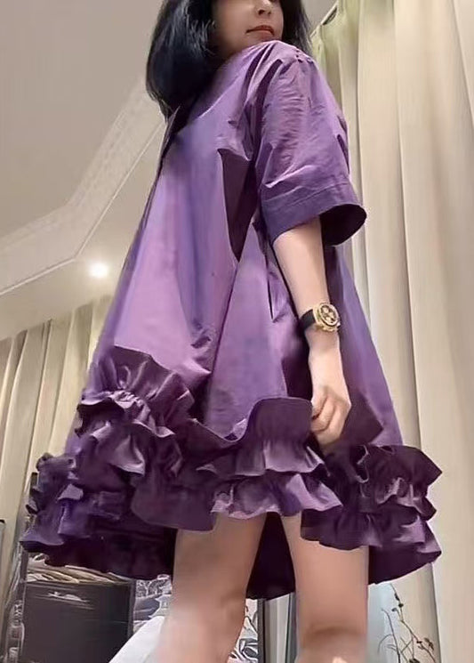 Neck Summer Ruffled Cotton Dresses O New Mid Patchwork Purple FashionChic
