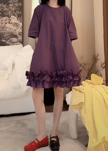 Neck Summer Ruffled Cotton Dresses O New Mid Patchwork Purple FashionChic