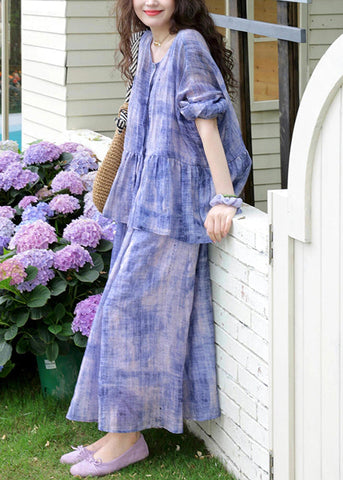 New Purple O-Neck Wrinkled Cotton Two Pieces Set Spring YZ019 ABC